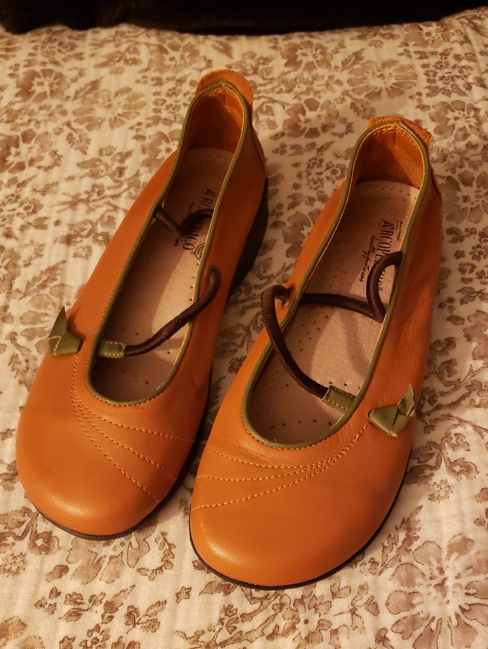 Arcopedico Orange Ballet Flats with Olive Trim and Brown Elastic